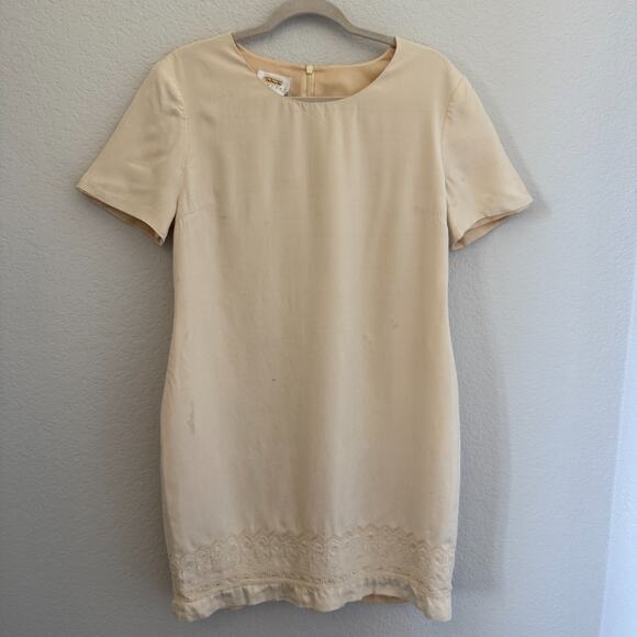 Talbots Dresses & Skirts - Talbots Petites 12 100% Silk Beige Embroidered Hem Short Sleeve Sheath Dress